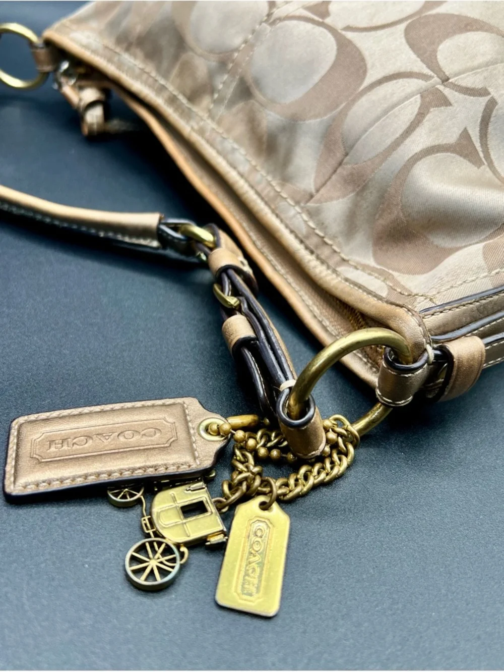 COACH Signature Tan Sateen Hobo Shoulder Bag with Metal Hang Tag